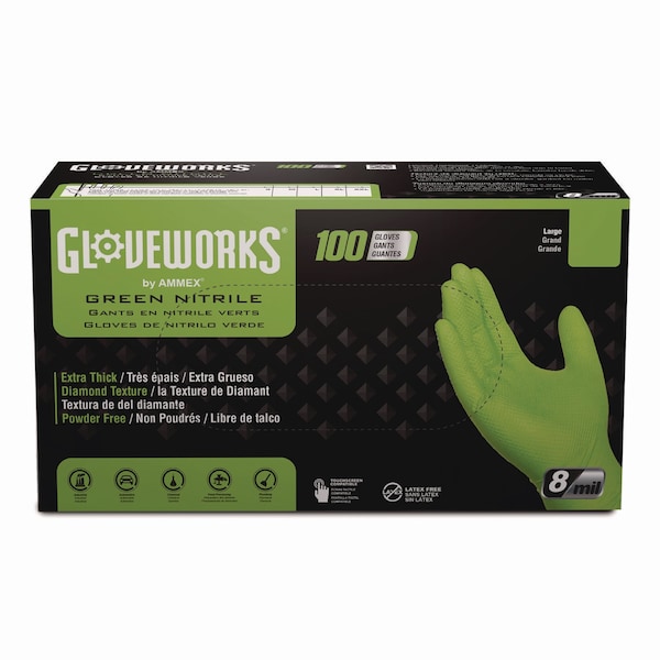Gloveworks By Ammex Disposable Gloves, Heavy Duty, Nitrile, 8 mil, Powder-Free, M, 1000 PK, Green GWGN44100 - main